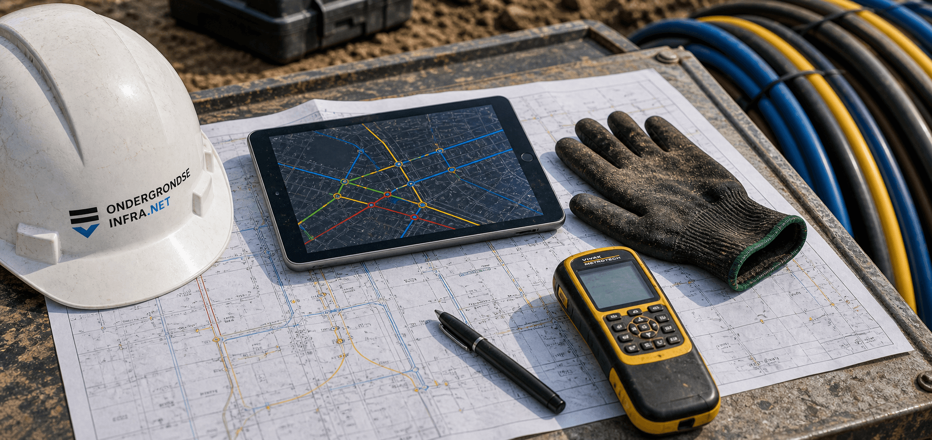 Helm, tablet en meetapparatuur op een werkkaart