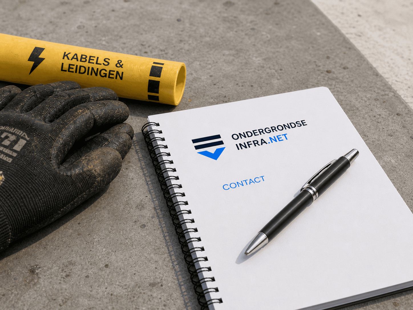 Notitieboek, kabelmarkering en pen voor contactvragen