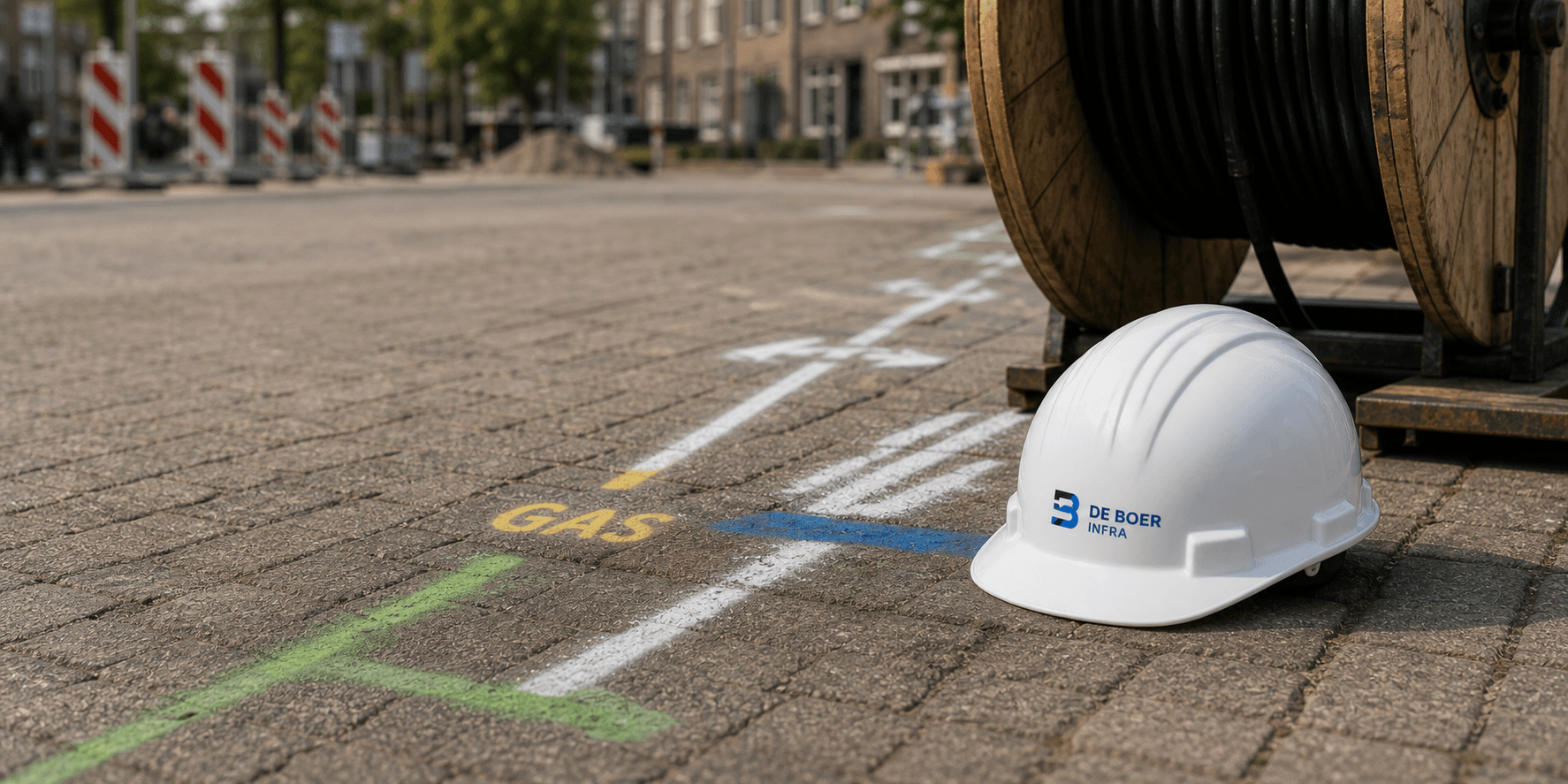 Helm en kabelhaspels op een werkstraat