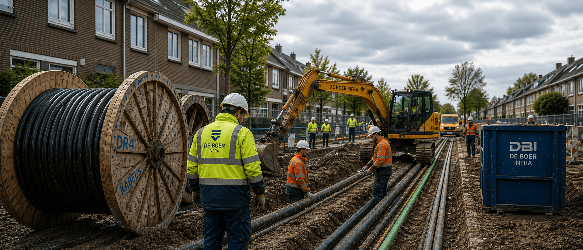 Breed straatproject met kabelhaspels, graafmachine en vakmensen
