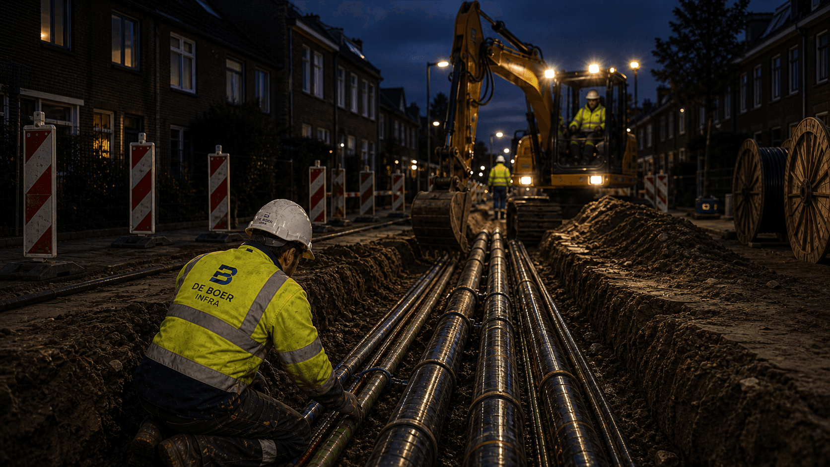 Avondwerk aan leidingen in een open straat