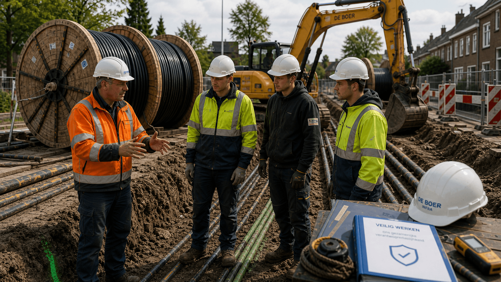 Leerlingen en begeleider overleggen op een infraproject