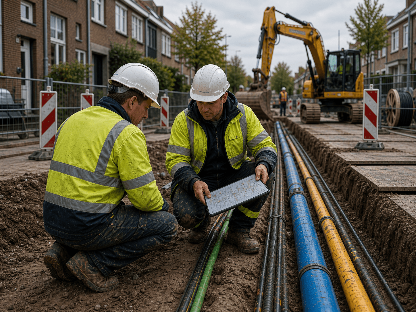 Vakmensen bespreken kabels en leidingen naast een open sleuf