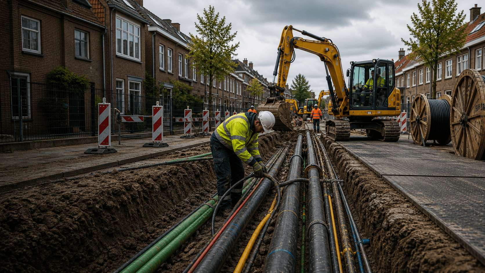 Infrawerkzaamheden in een woonstraat met kabels en leidingen