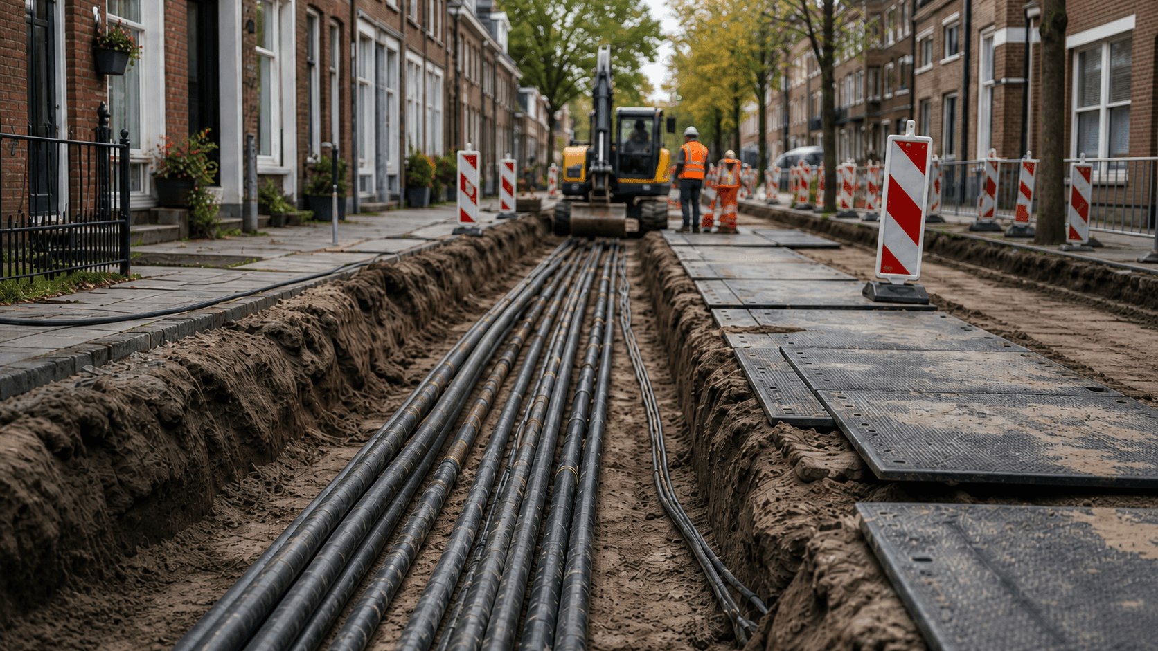 Graafmachine en vakmensen bij kabels en leidingen in een open sleuf